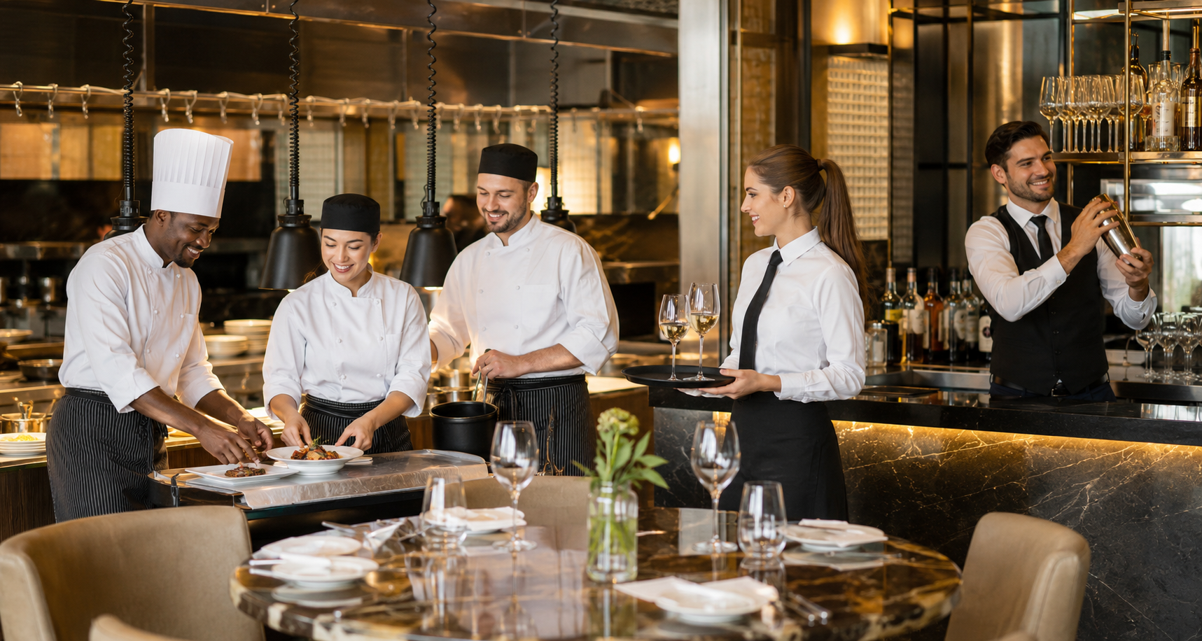 Executive chefs, restaurant servers, and bartenders working together