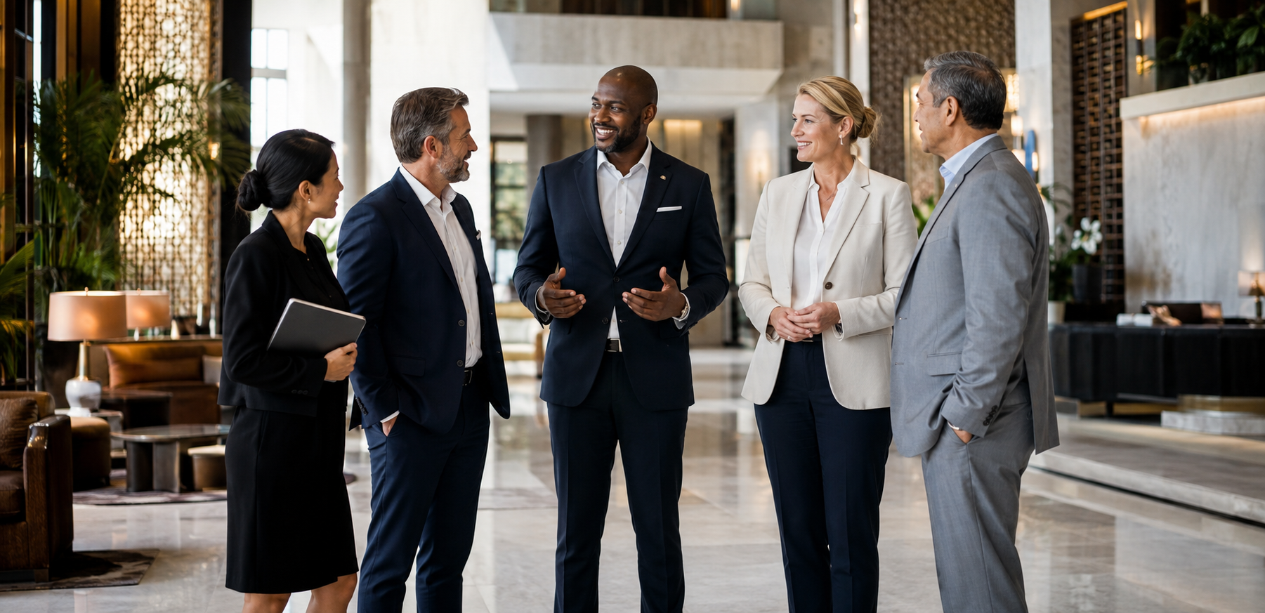 Hospitality executives and managers collaborating in a luxury hotel