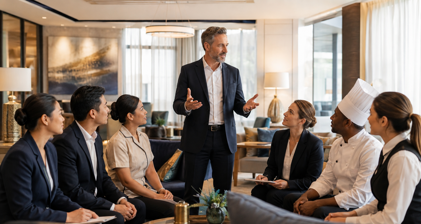 Hospitality manager training hotel and restaurant professionals